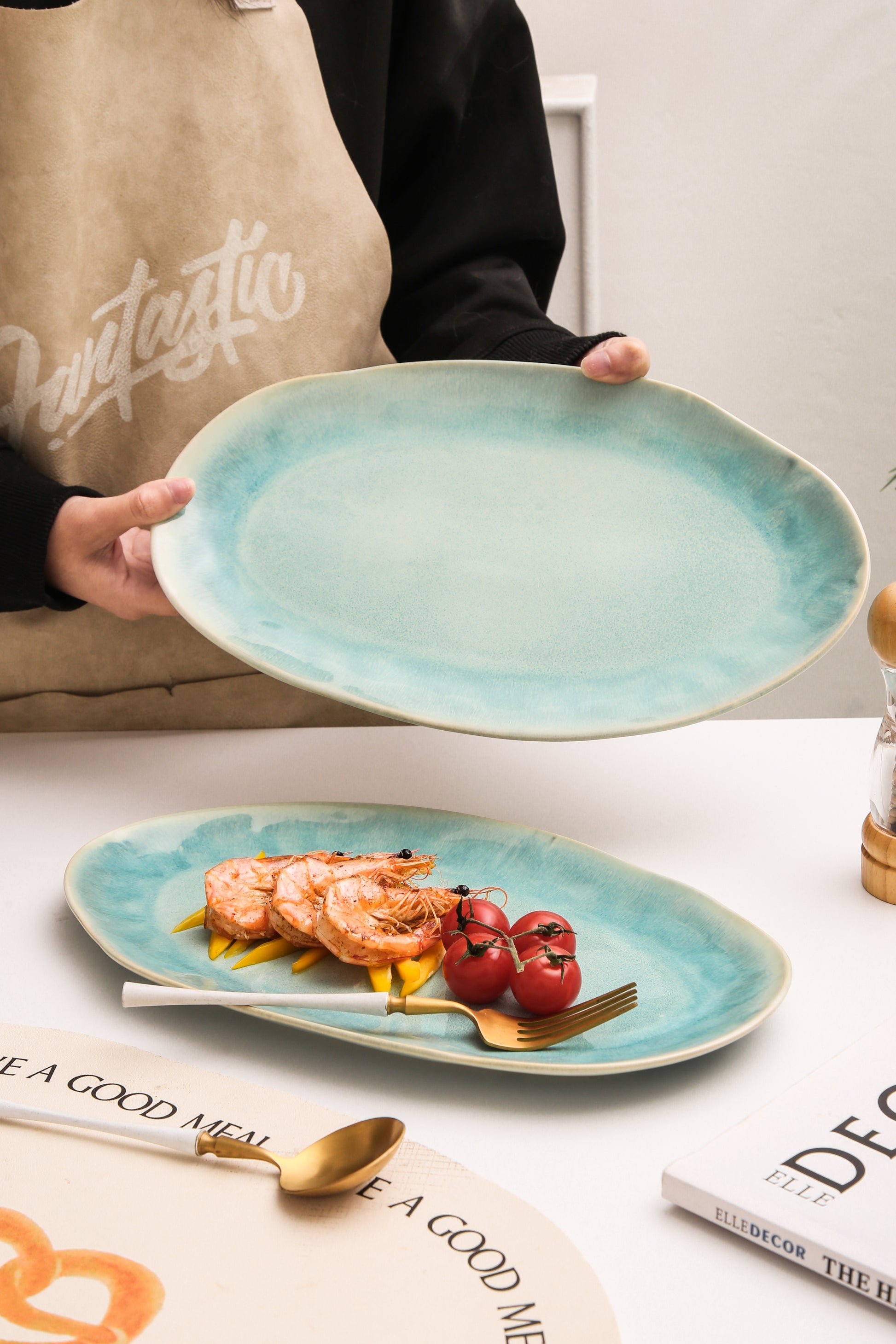 3-Piece Stoneware Serving Platter Set in Aqua Blue